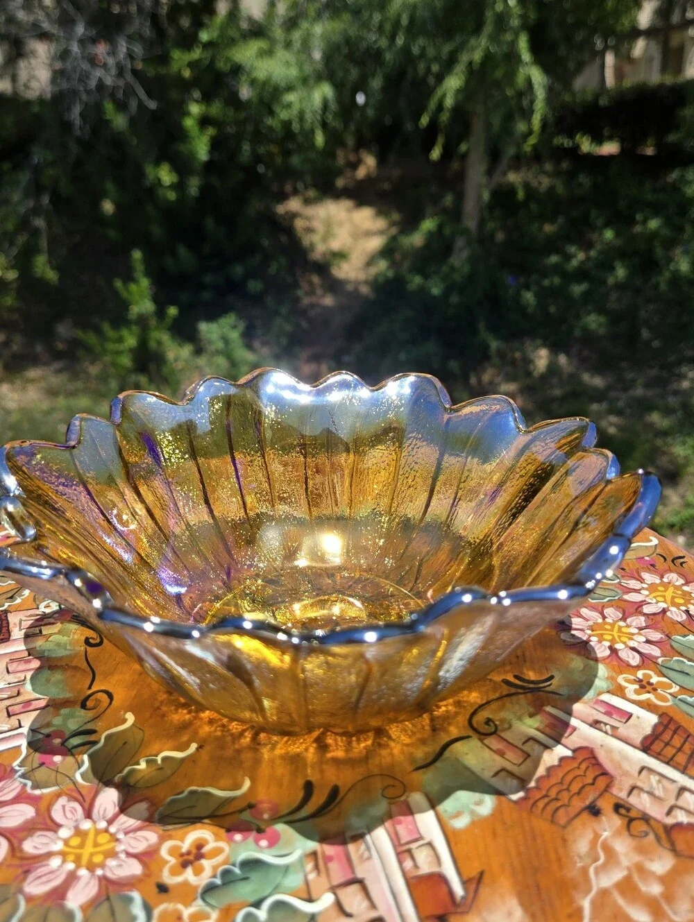 Vintage Indiana Iridescent Carnival Glass Marigold Sunflower Candy/Trinket Dish